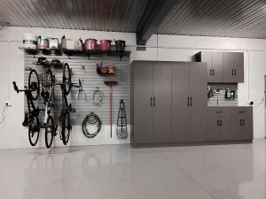 Overhead garage shelving with storage tubs