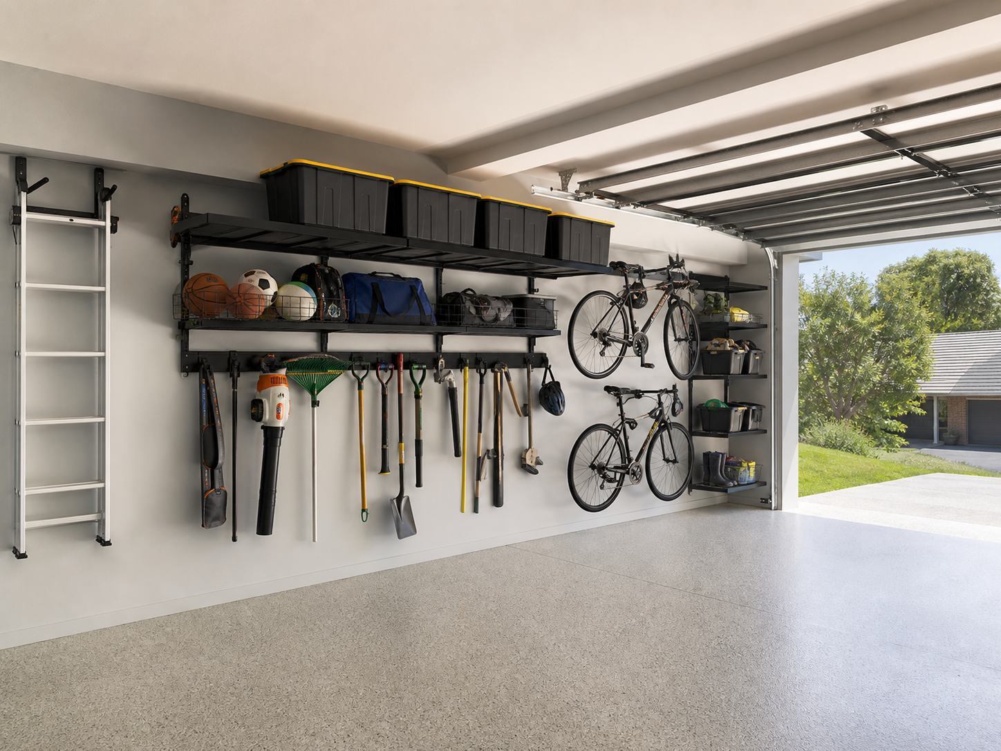 Garage wall planned out with shelving, tool hooks and bike racks