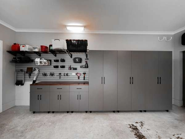 Complete garage fit out with shelving, cabinets and bike storage